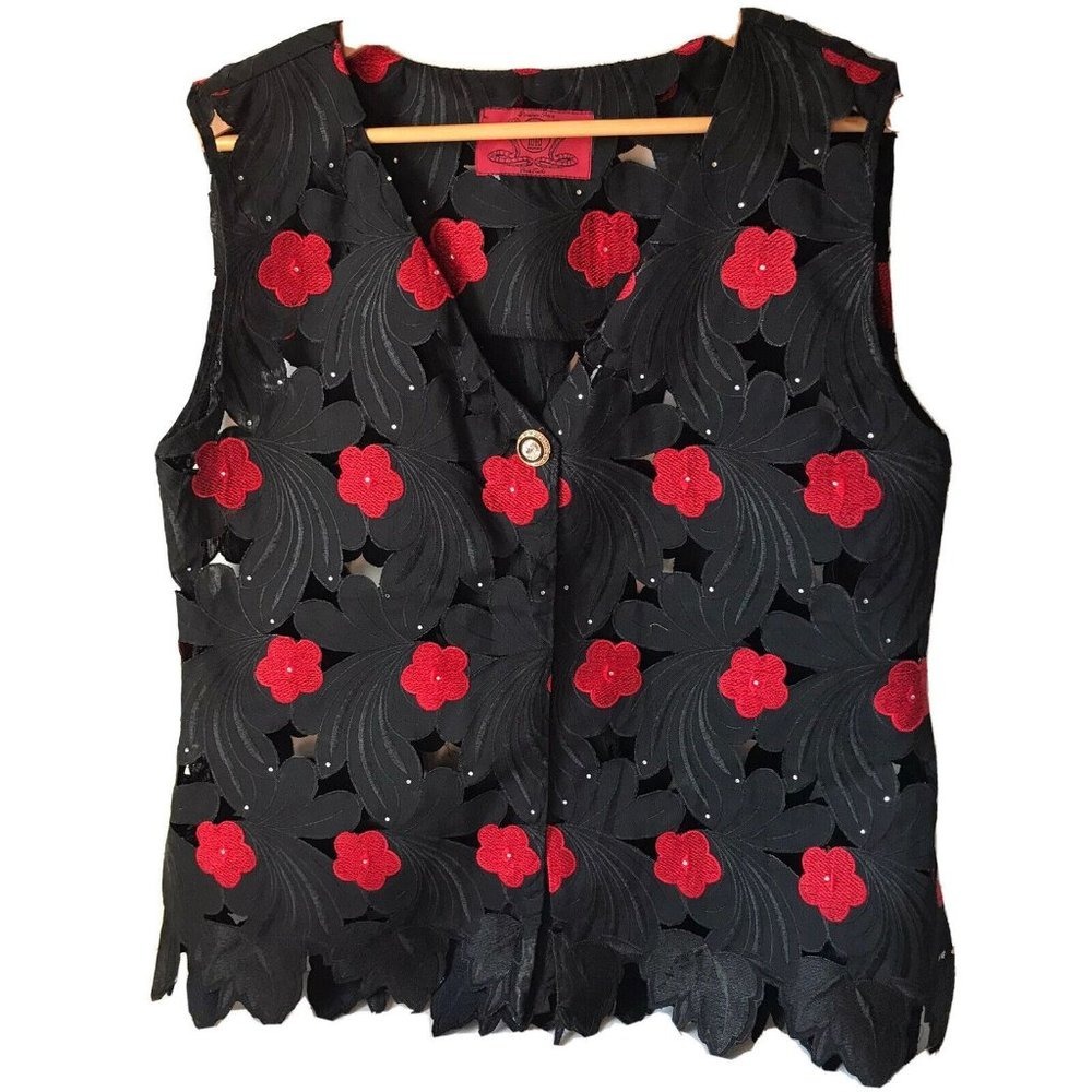 ISIS Couture Lana Fuchs Black Red Floral Cut-Out Rhinestone Button Vest Womens